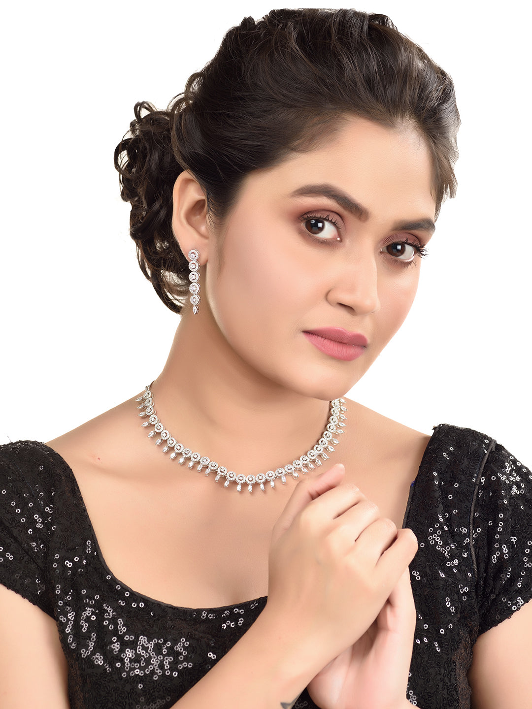 White Rhodium plated Unique Leaf Design AD studded Necklace Earrings for Women & Girls